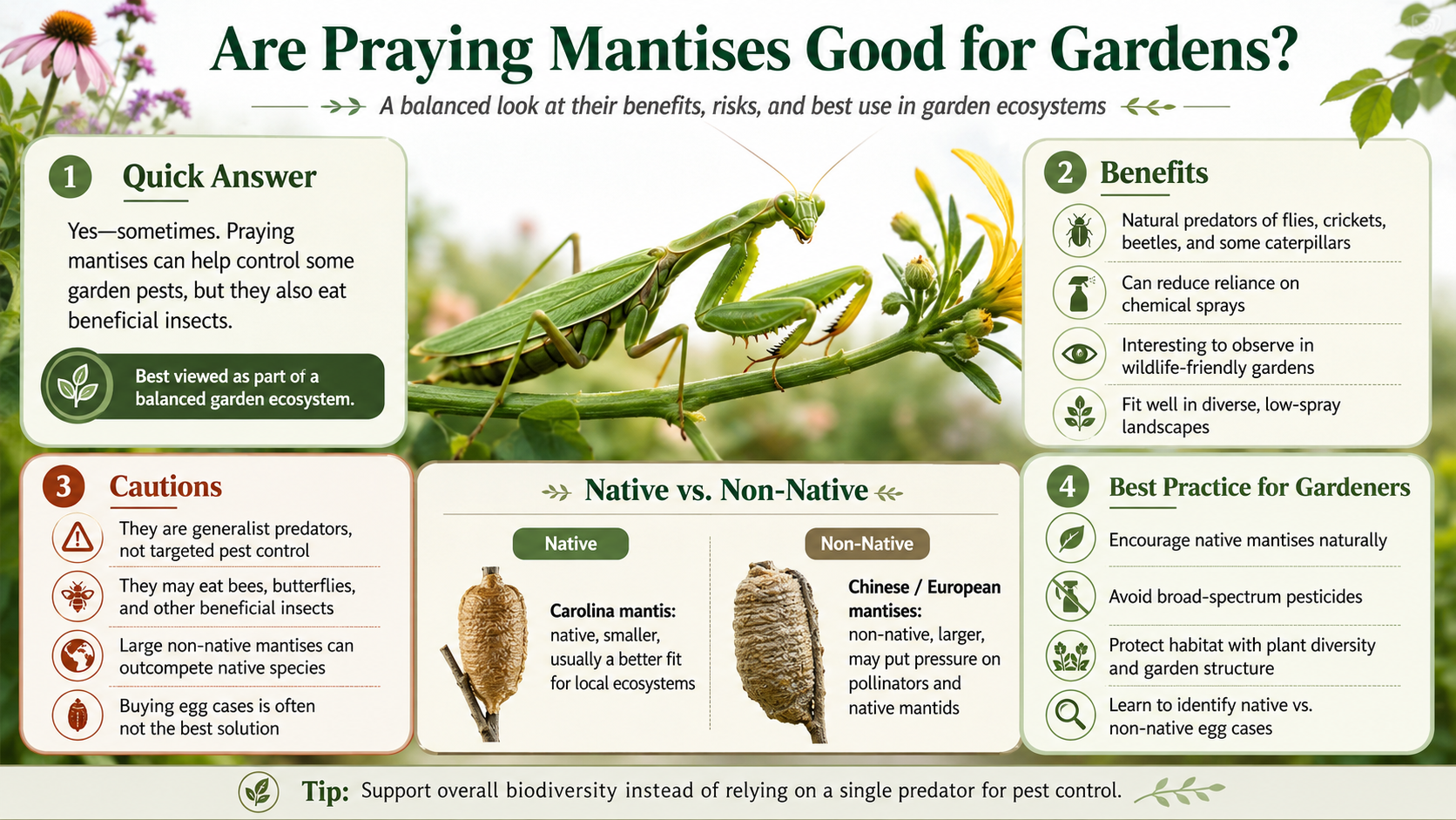 are praying mantises good for gardens benefits, risks, and what gardeners should know