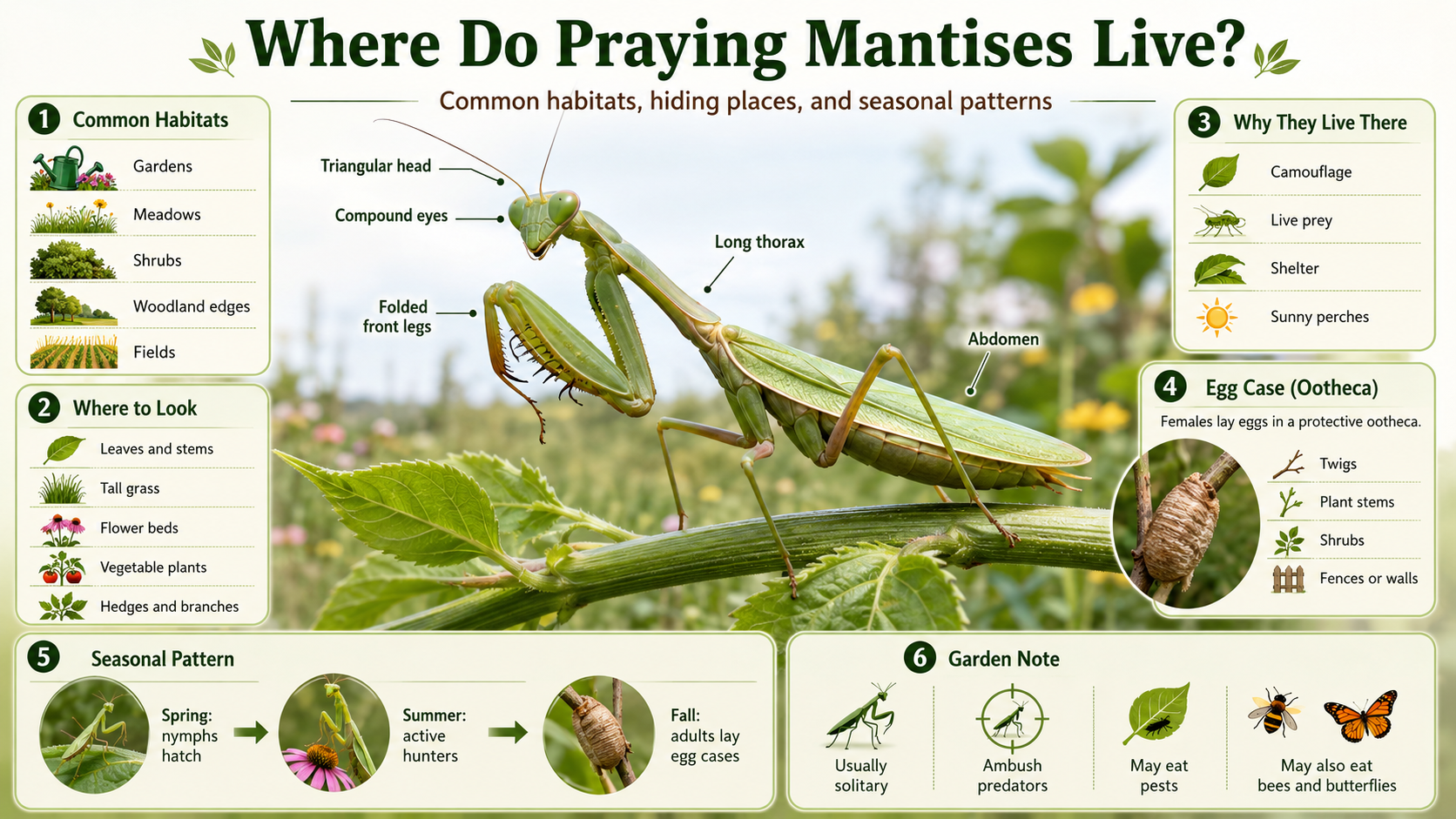 where do praying mantises live habitat, gardens, eggs, and seasonal behavior
