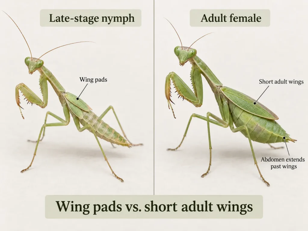 late stage nymph wing pads vs. adult female short wings